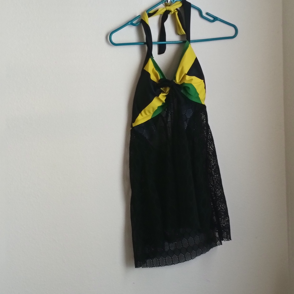 Women Large Black, Yellow & Green Halter Top Beach Resort Vacation Casual Lace
